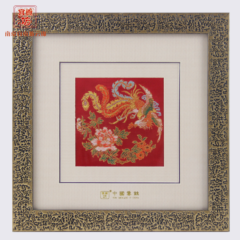 红底凤戏牡丹框画