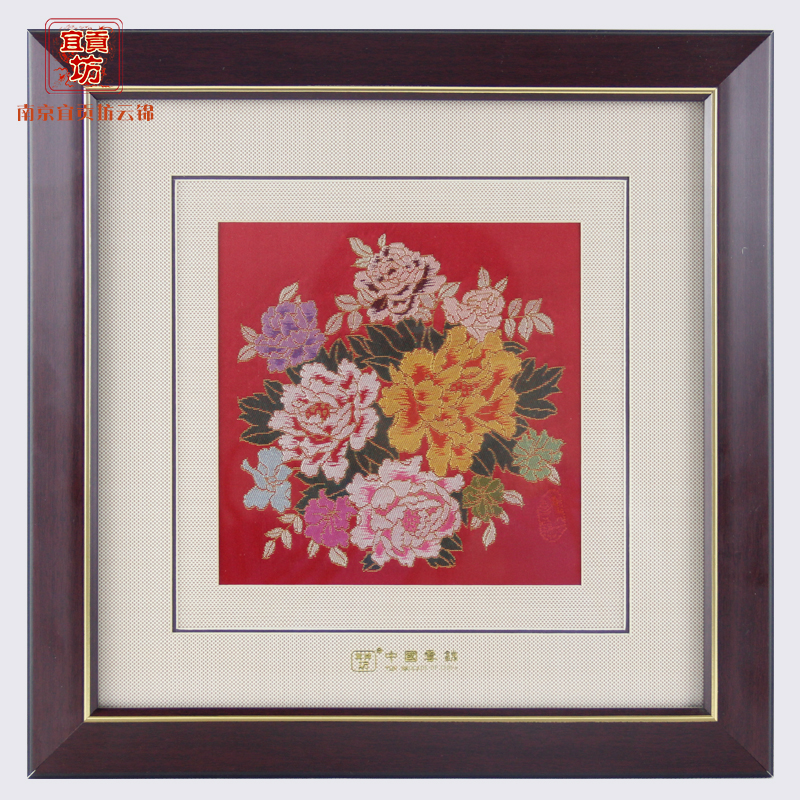 红底大牡丹云锦框画